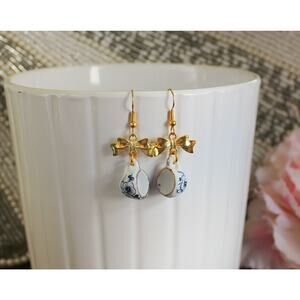Blue Floral Porcelain Teacup Gold Earrings With Gold Bow